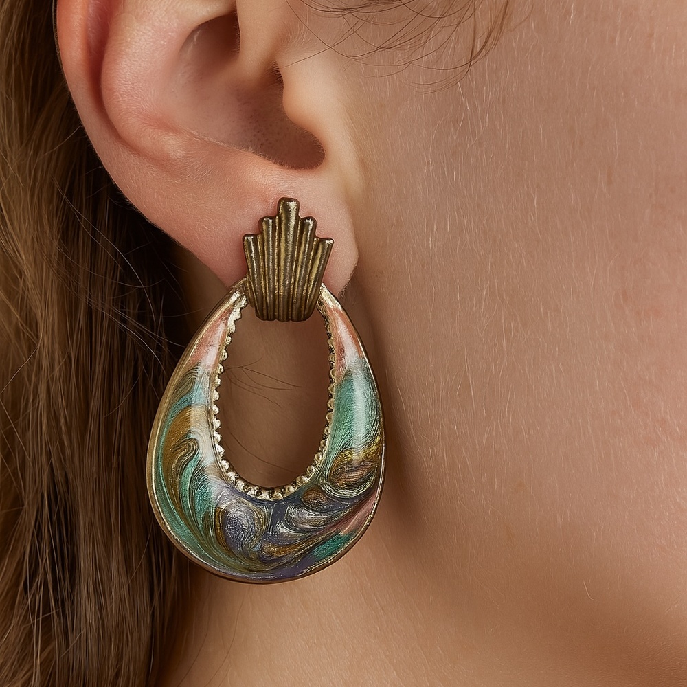 Enameled pierced earrings goldtone 1.5” long